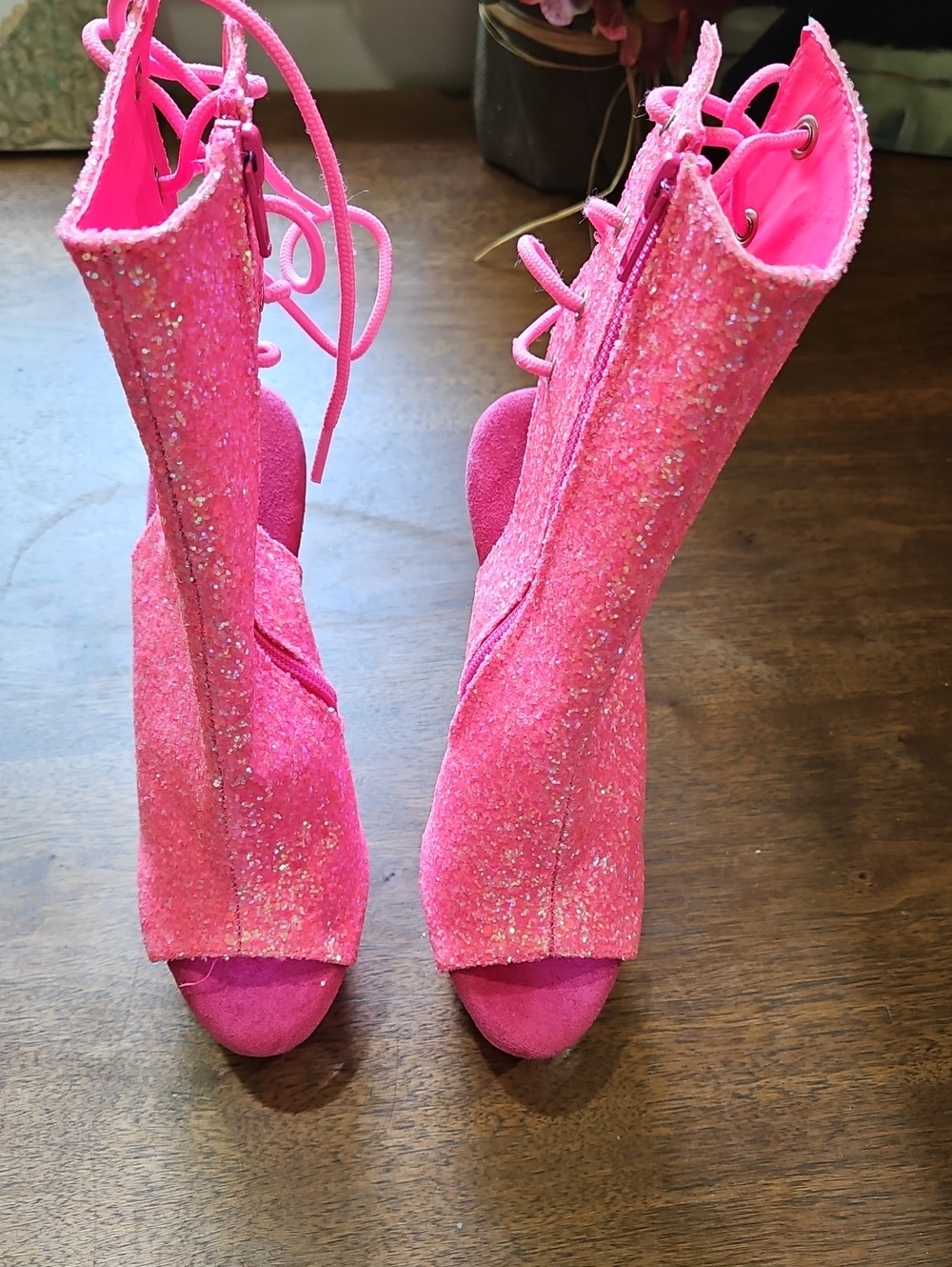 Pleaser Hot Pink Glitter Lace-Up Platform Stiletto Booties - Picture 7 of 14